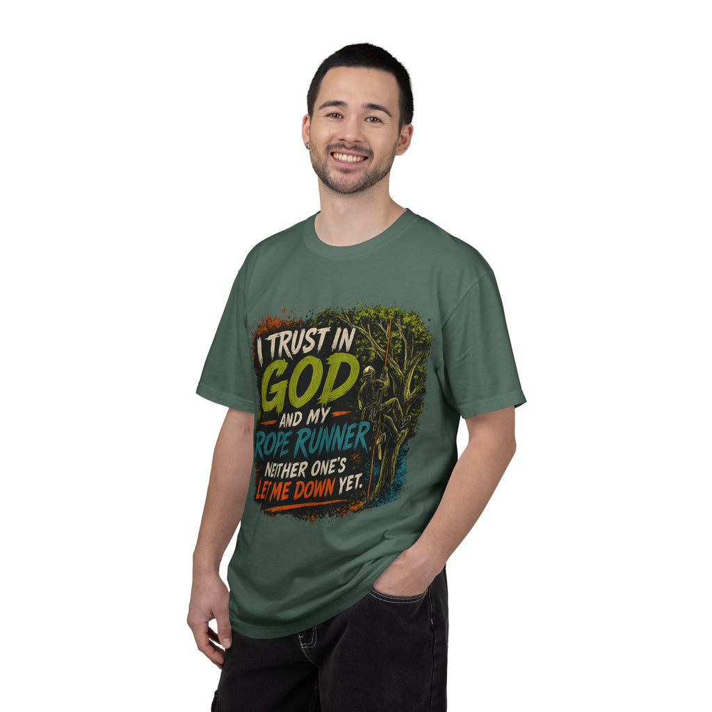 I Trust in God and My Rope Runner T-Shirt — Christian Climbing Faith Shirt