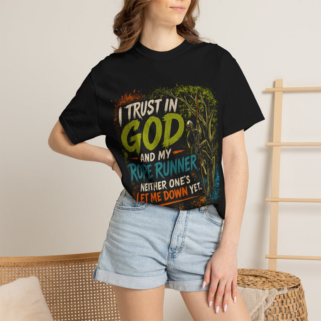 I Trust in God and My Rope Runner T-Shirt — Christian Climbing Faith Shirt