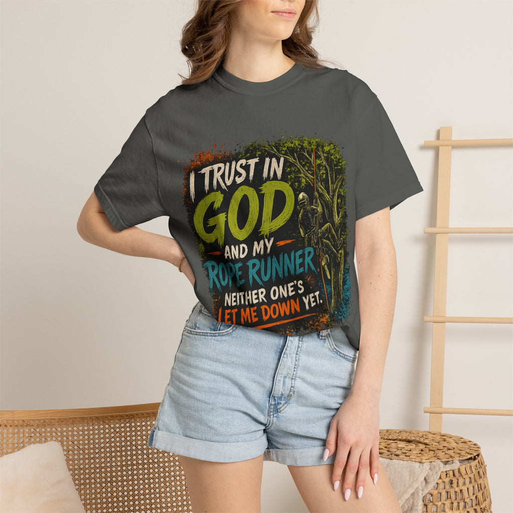 I Trust in God and My Rope Runner T-Shirt — Christian Climbing Faith Shirt