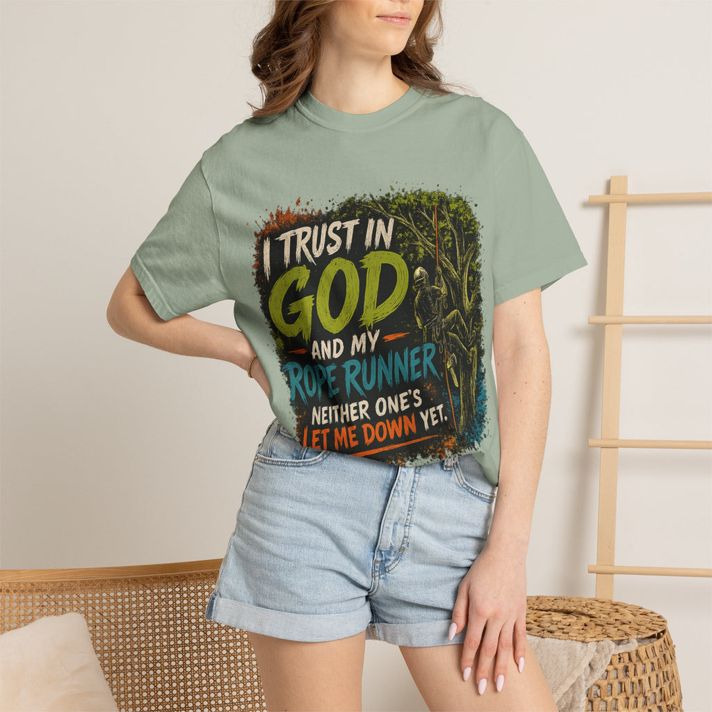 I Trust in God and My Rope Runner T-Shirt — Christian Climbing Faith Shirt