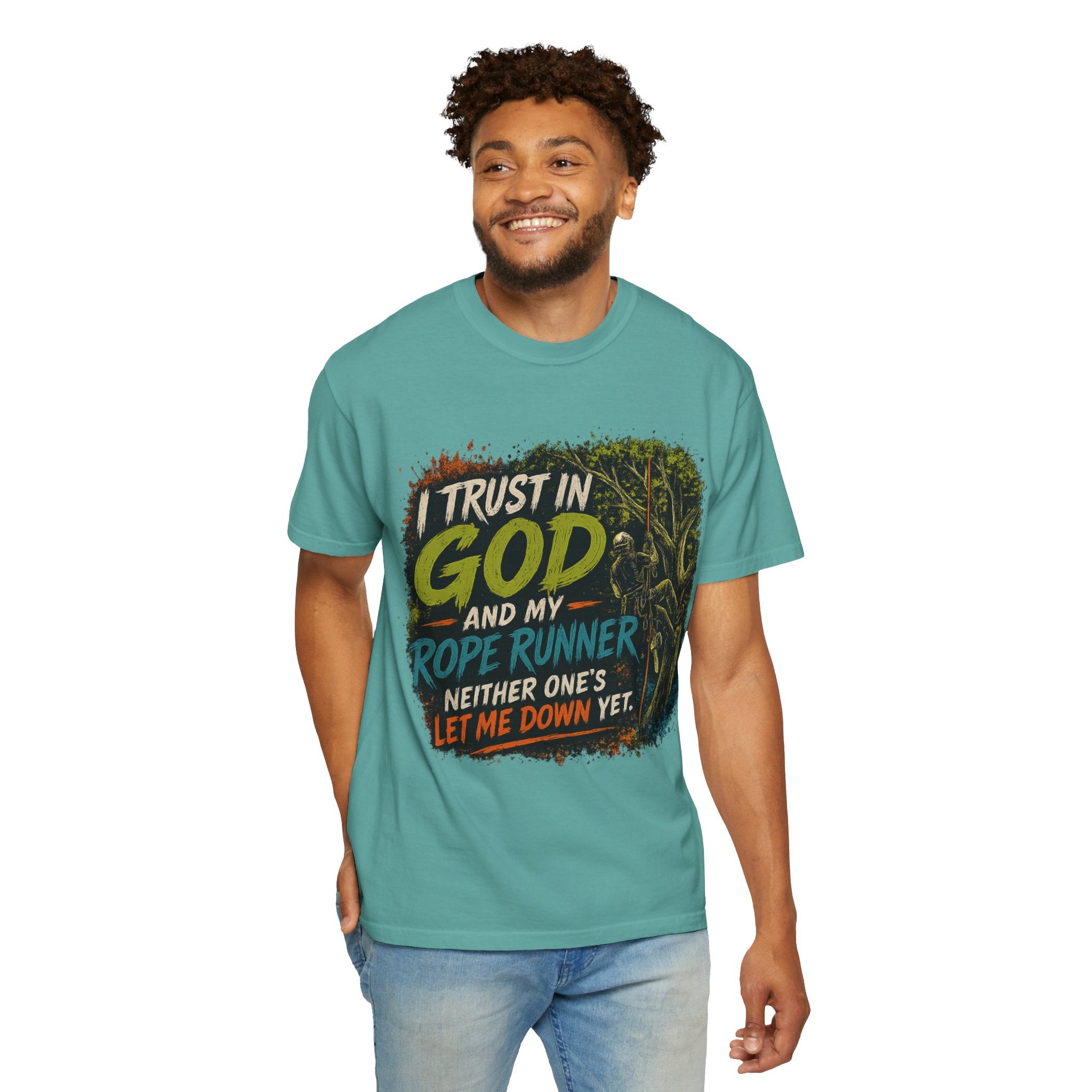 I Trust in God and My Rope Runner T-Shirt — Christian Climbing Faith Shirt
