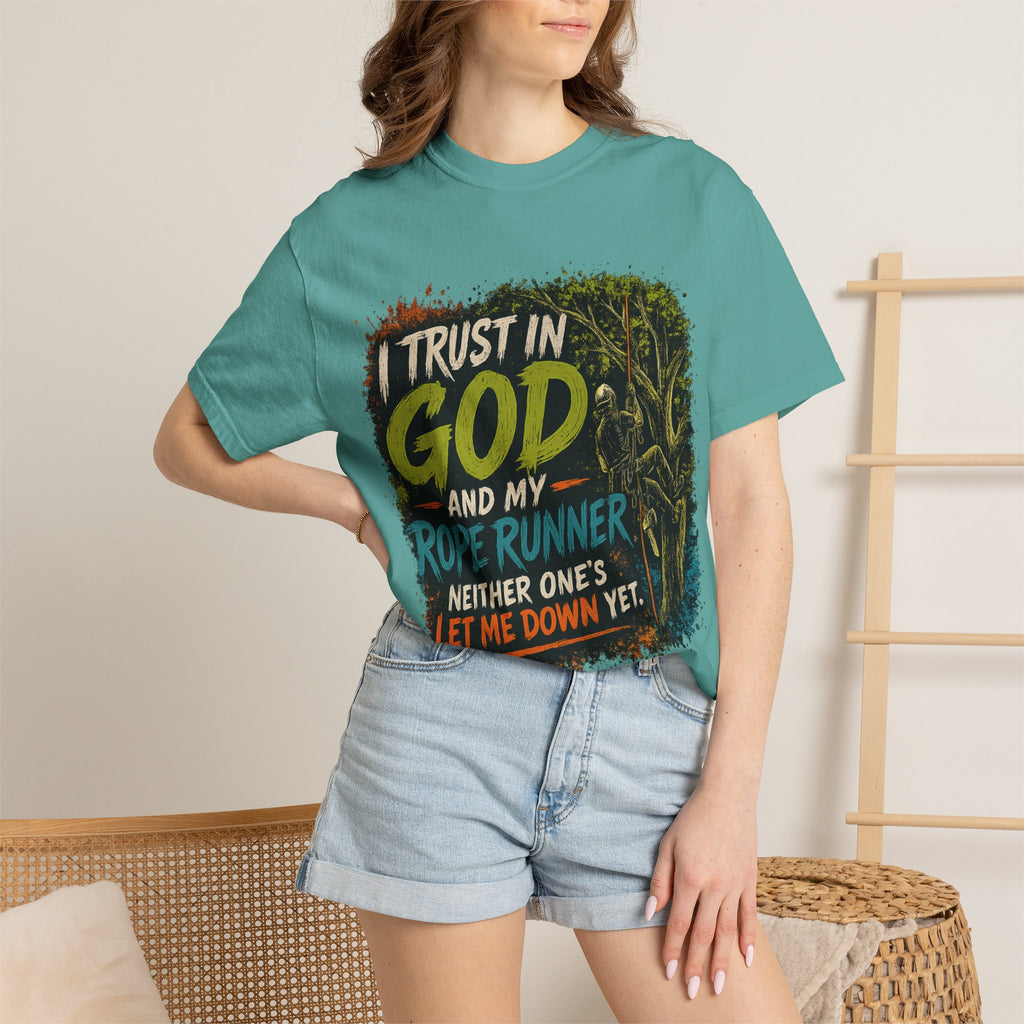 I Trust in God and My Rope Runner T-Shirt — Christian Climbing Faith Shirt