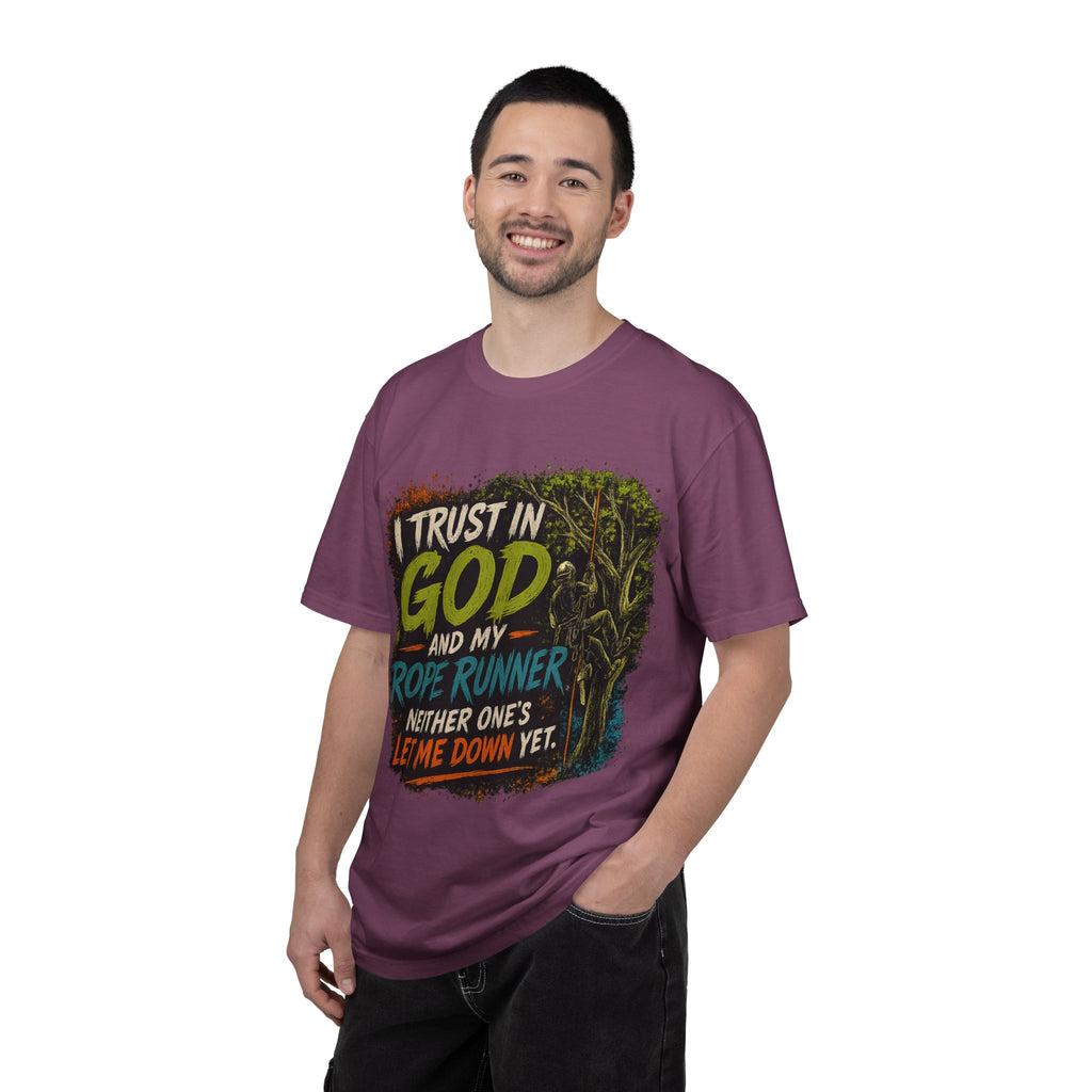 I Trust in God and My Rope Runner T-Shirt — Christian Climbing Faith Shirt