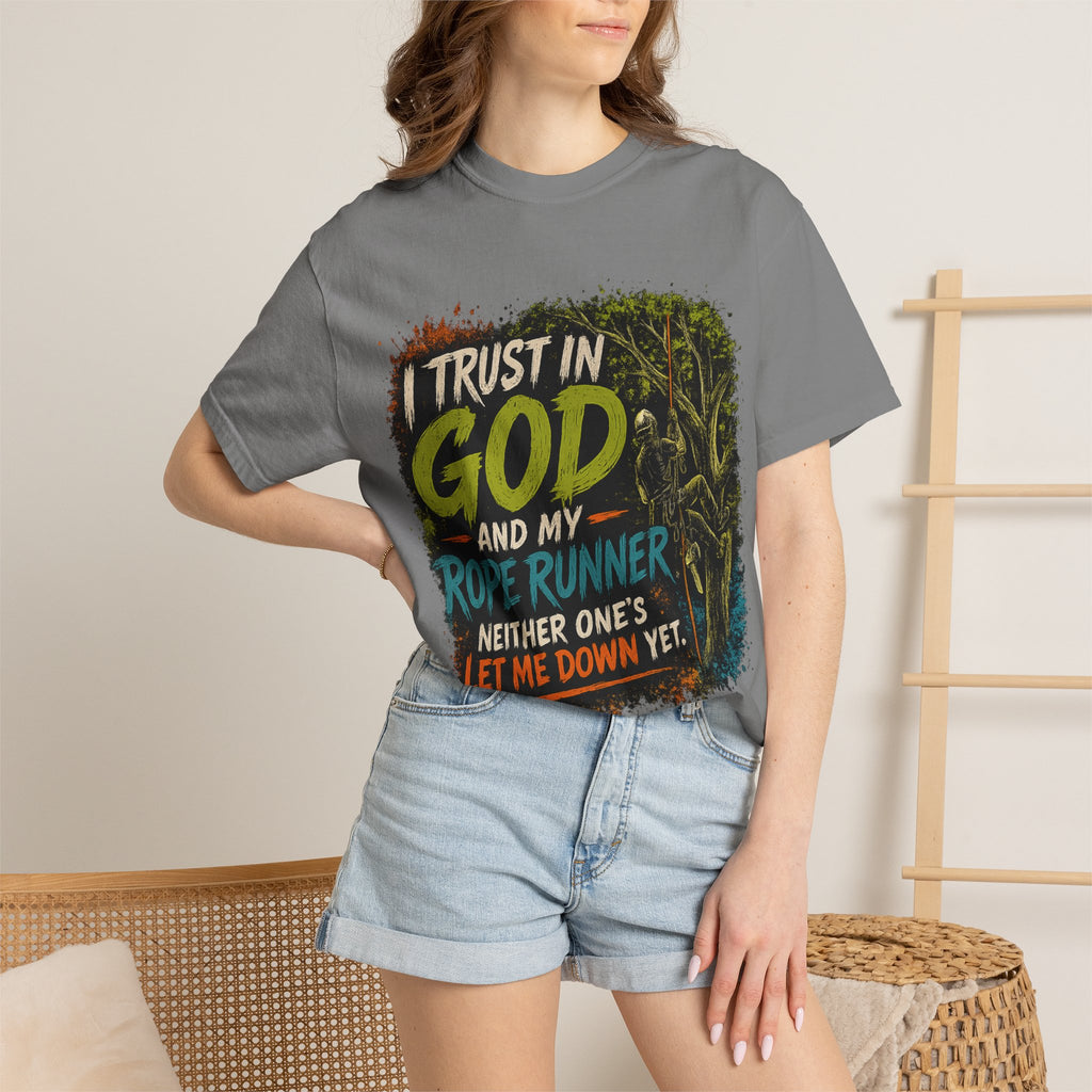 I Trust in God and My Rope Runner T-Shirt — Christian Climbing Faith Shirt