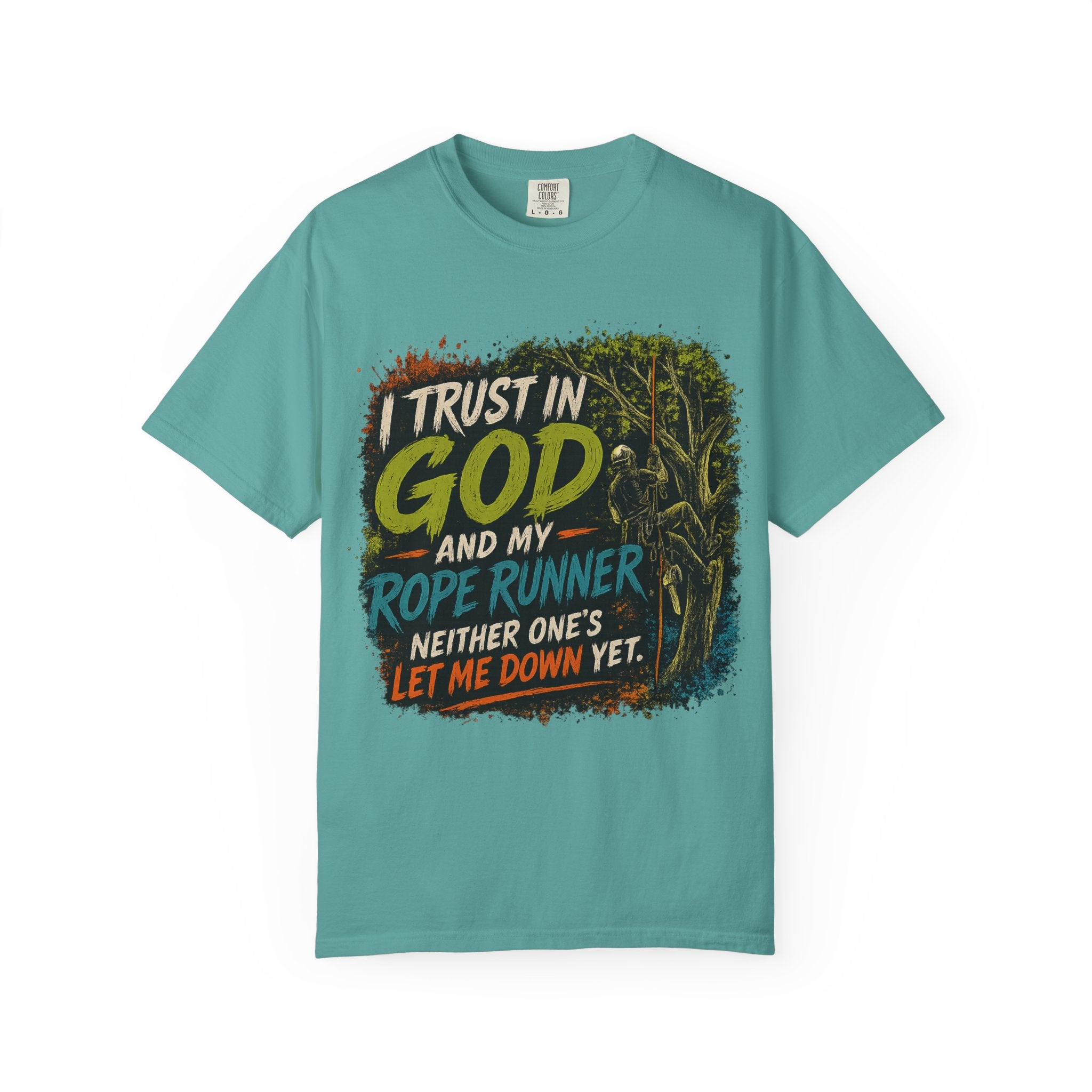 I Trust in God and My Rope Runner T-Shirt — Christian Climbing Faith Shirt