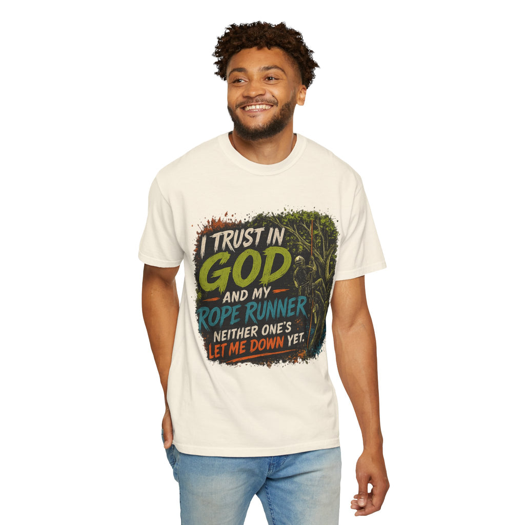 I Trust in God and My Rope Runner T-Shirt — Christian Climbing Faith Shirt