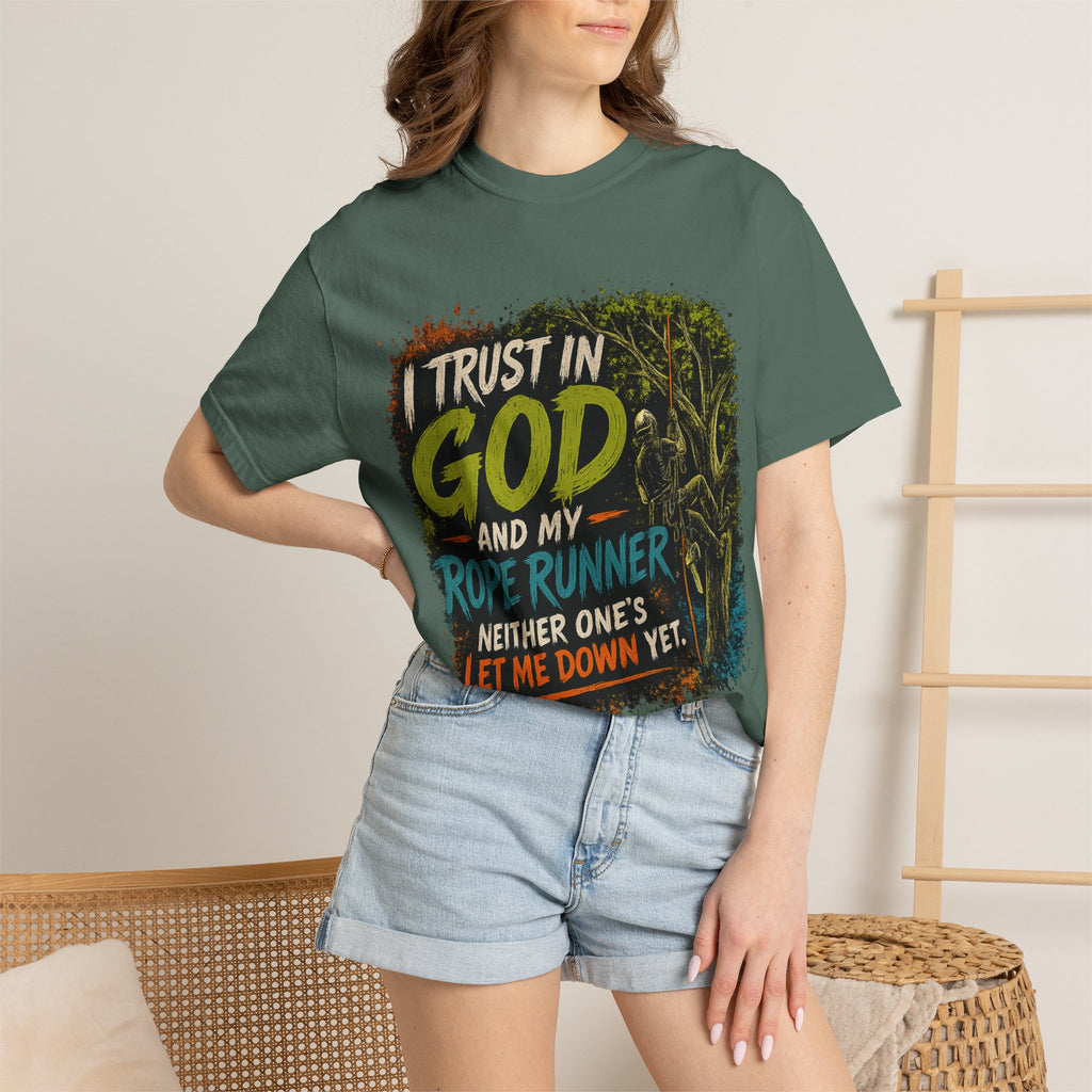I Trust in God and My Rope Runner T-Shirt — Christian Climbing Faith Shirt