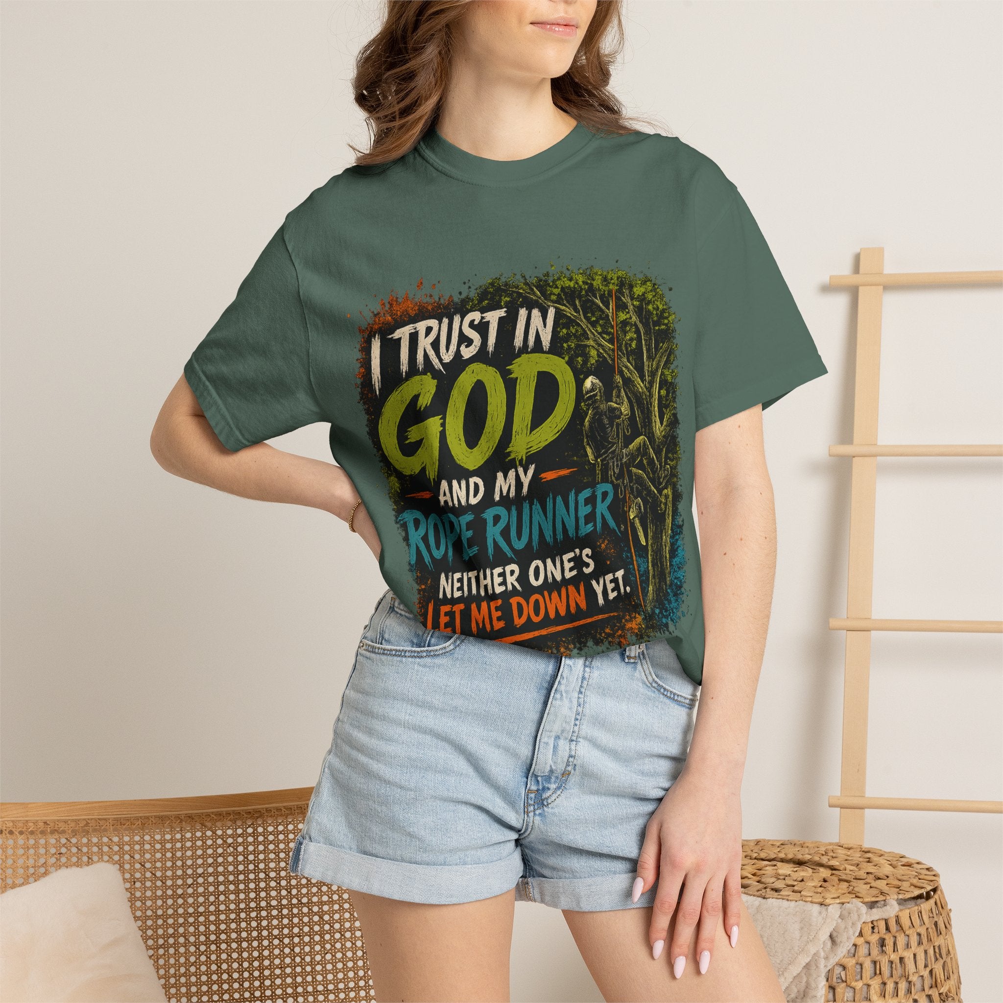 I Trust in God and My Rope Runner T-Shirt — Christian Climbing Faith Shirt