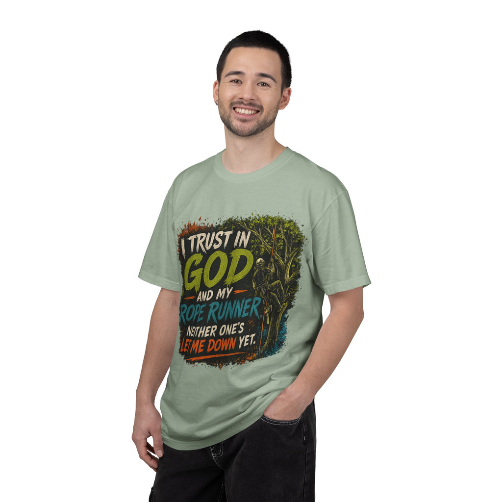 I Trust in God and My Rope Runner T-Shirt — Christian Climbing Faith Shirt