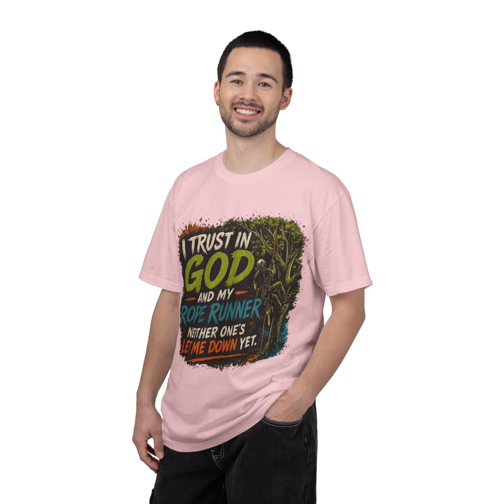 I Trust in God and My Rope Runner T-Shirt — Christian Climbing Faith Shirt