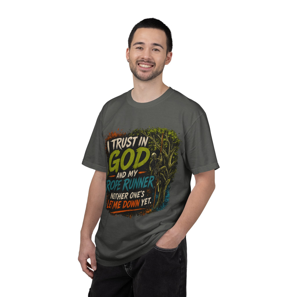 I Trust in God and My Rope Runner T-Shirt — Christian Climbing Faith Shirt