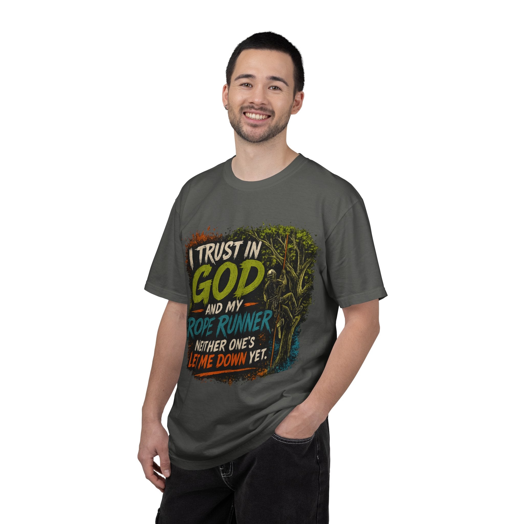 I Trust in God and My Rope Runner T-Shirt — Christian Climbing Faith Shirt