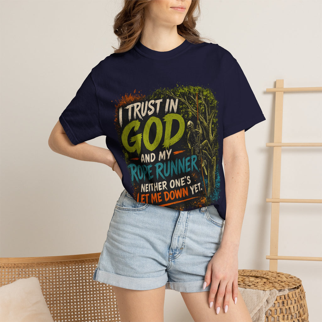 I Trust in God and My Rope Runner T-Shirt — Christian Climbing Faith Shirt