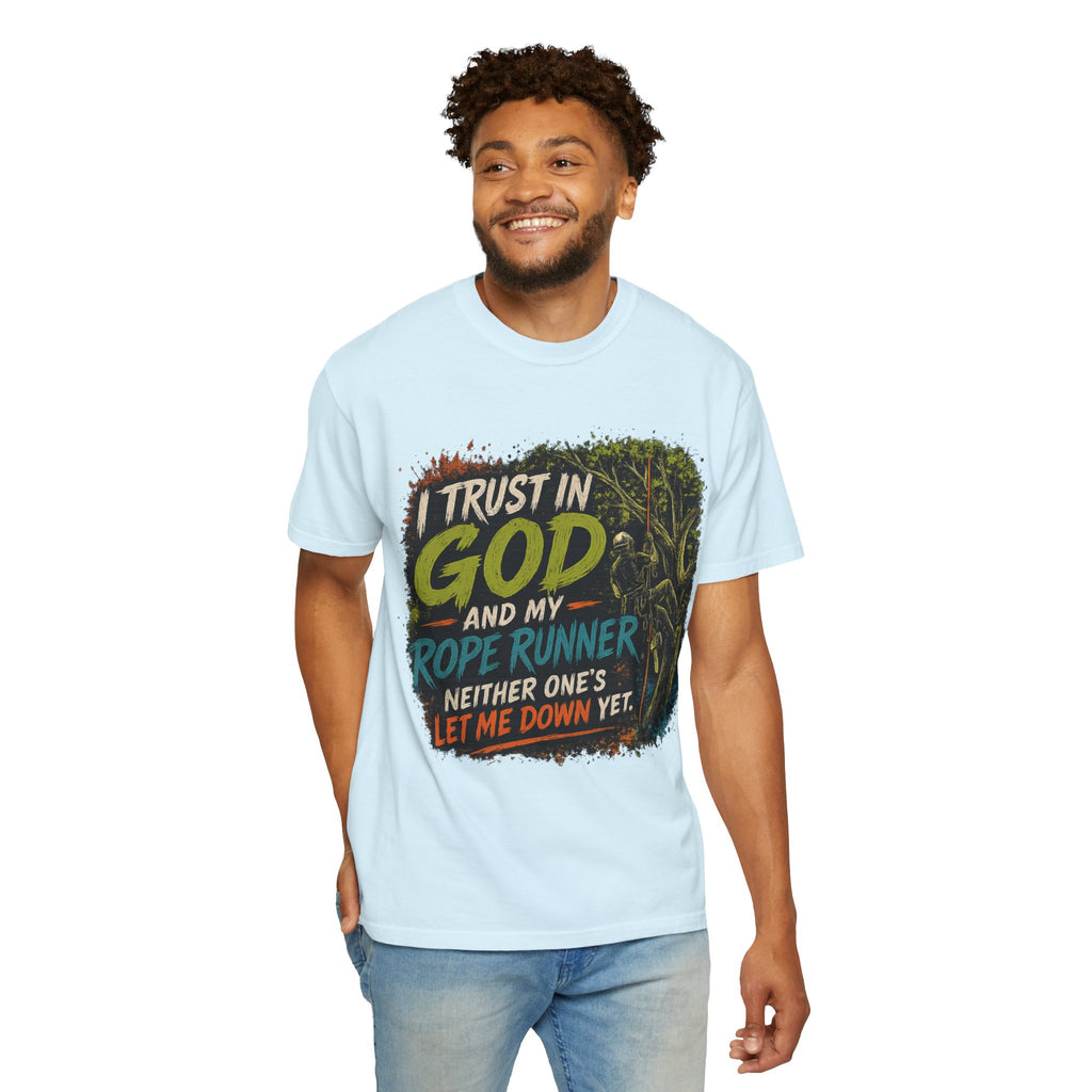 I Trust in God and My Rope Runner T-Shirt — Christian Climbing Faith Shirt