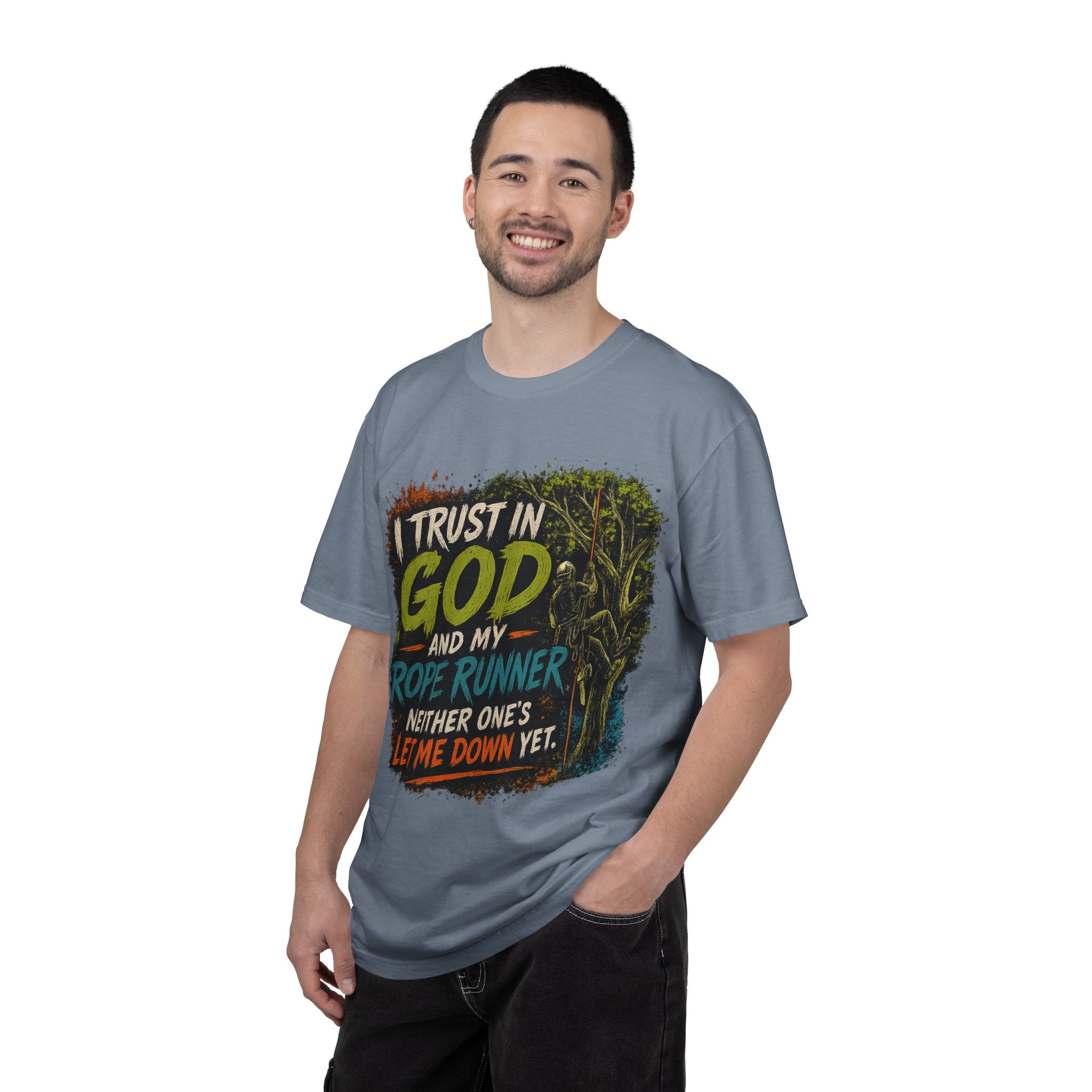 I Trust in God and My Rope Runner T-Shirt — Christian Climbing Faith Shirt
