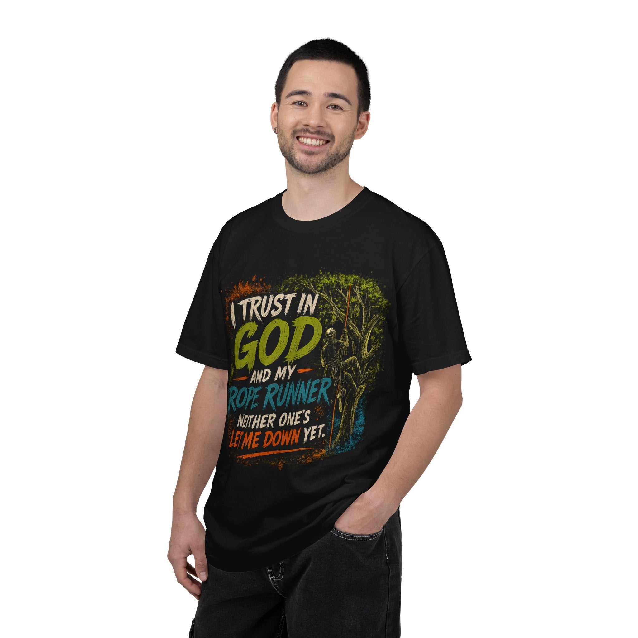 I Trust in God and My Rope Runner T-Shirt — Christian Climbing Faith Shirt