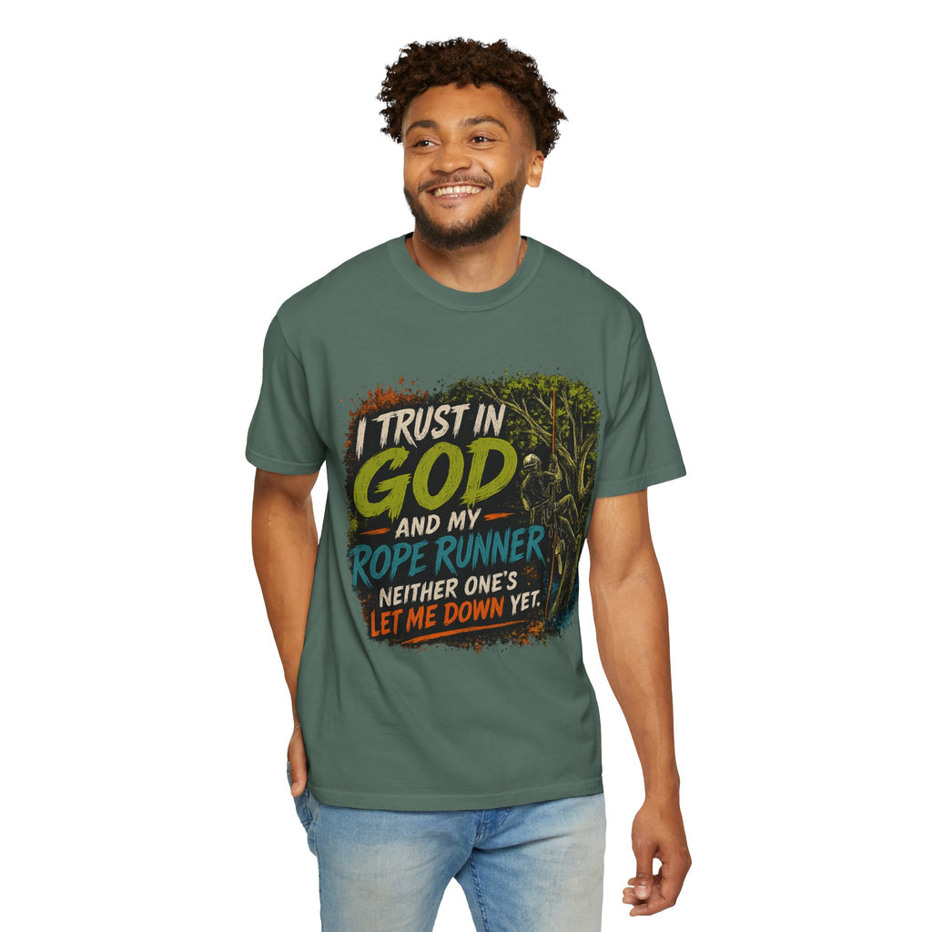 I Trust in God and My Rope Runner T-Shirt — Christian Climbing Faith Shirt