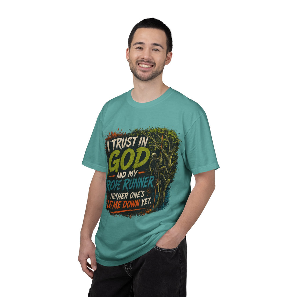 I Trust in God and My Rope Runner T-Shirt — Christian Climbing Faith Shirt