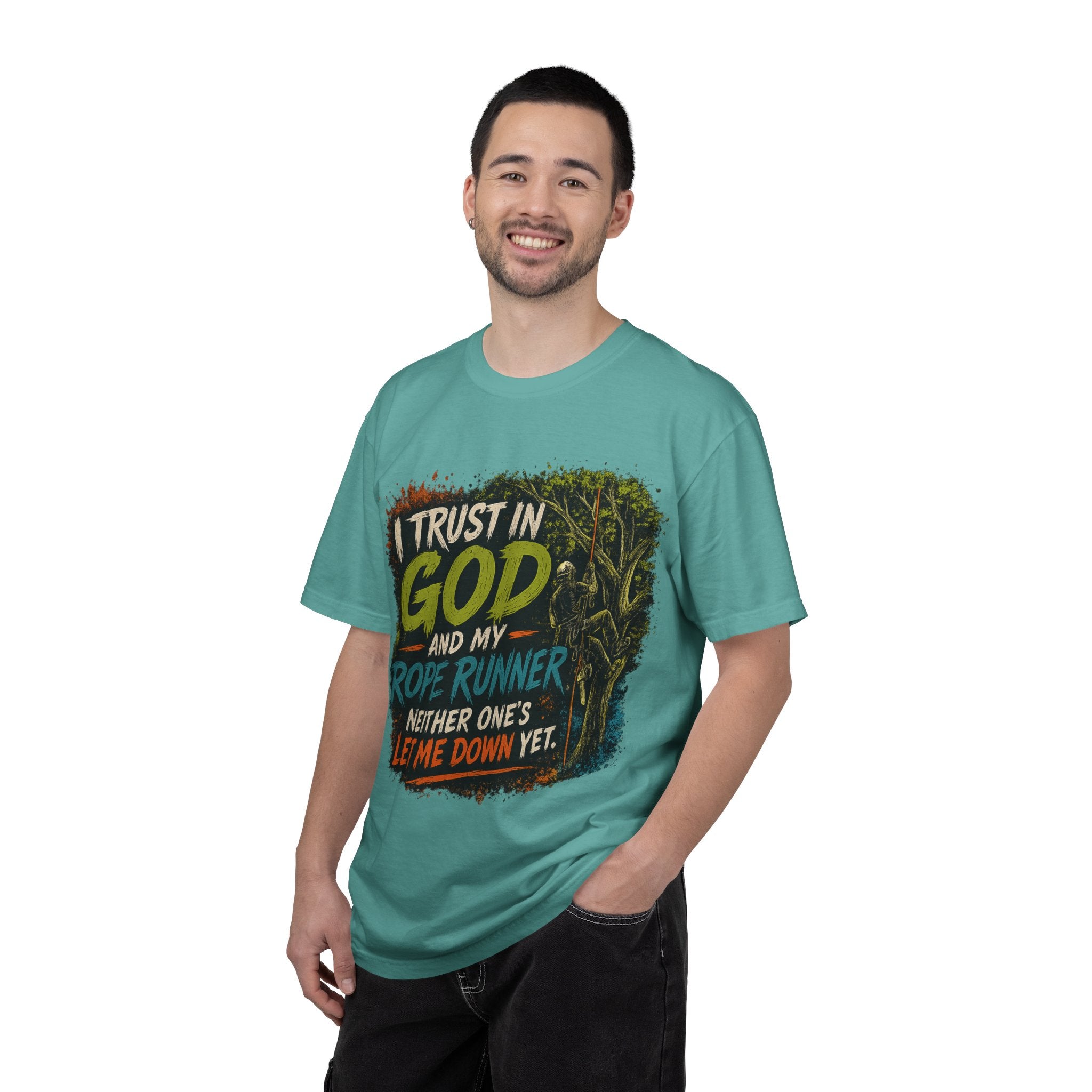 I Trust in God and My Rope Runner T-Shirt — Christian Climbing Faith Shirt
