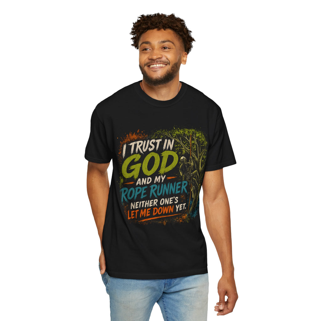 I Trust in God and My Rope Runner T-Shirt — Christian Climbing Faith Shirt