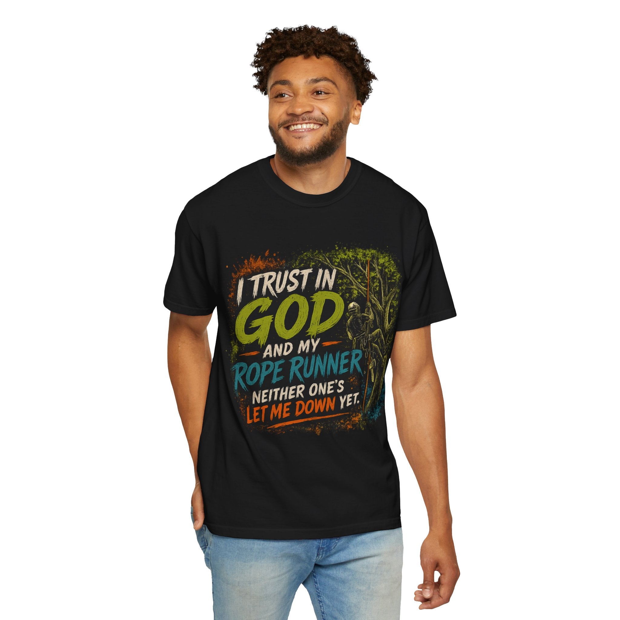 I Trust in God and My Rope Runner T-Shirt — Christian Climbing Faith Shirt
