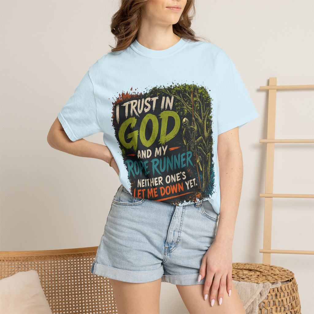 I Trust in God and My Rope Runner T-Shirt — Christian Climbing Faith Shirt