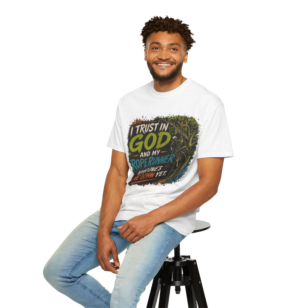 I Trust in God and My Rope Runner T-Shirt — Christian Climbing Faith Shirt