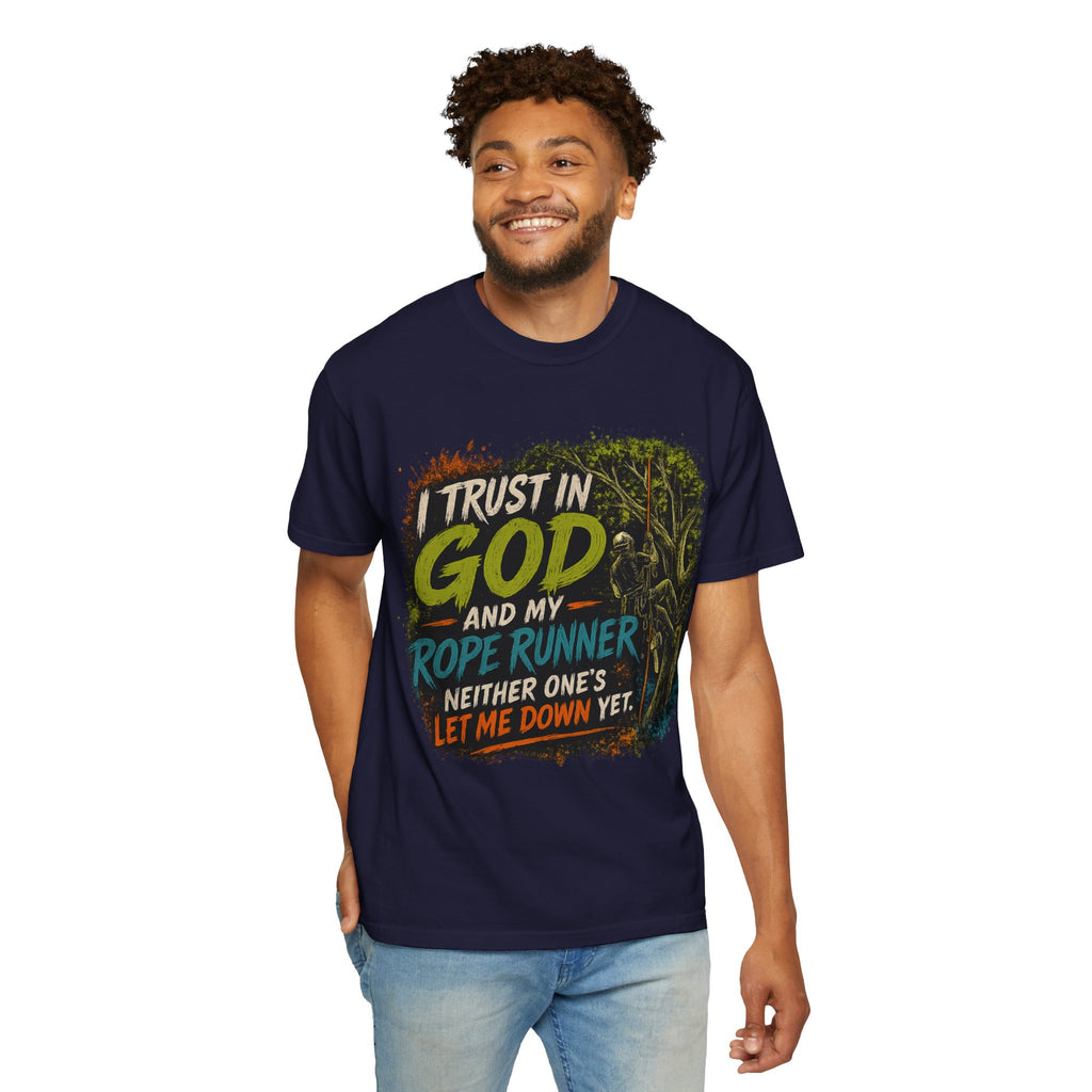I Trust in God and My Rope Runner T-Shirt — Christian Climbing Faith Shirt
