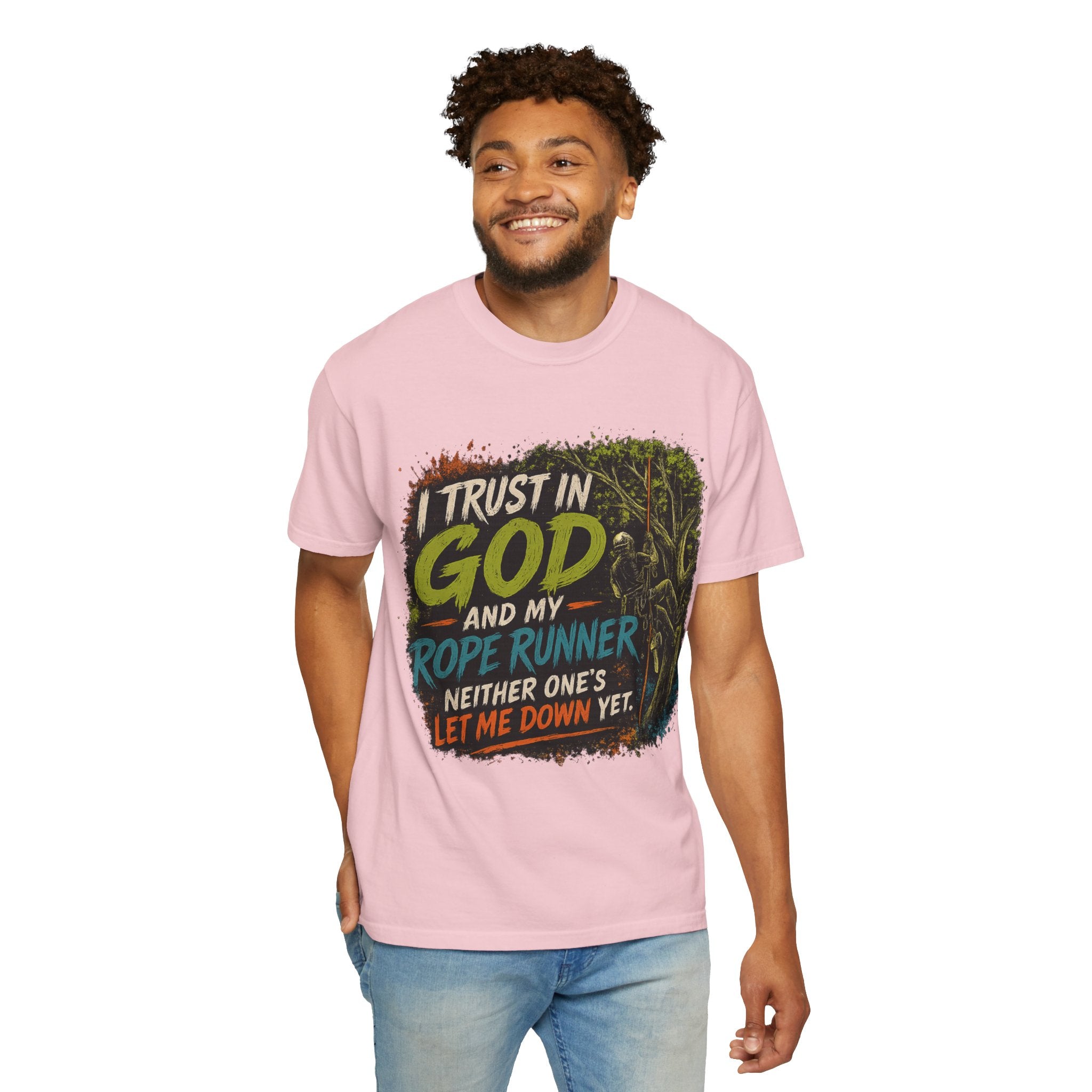 I Trust in God and My Rope Runner T-Shirt — Christian Climbing Faith Shirt