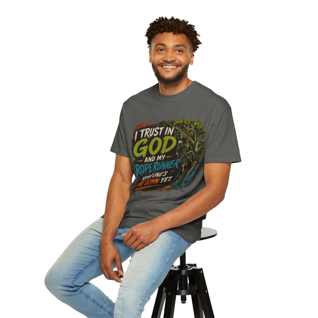 I Trust in God and My Rope Runner T-Shirt — Christian Climbing Faith Shirt