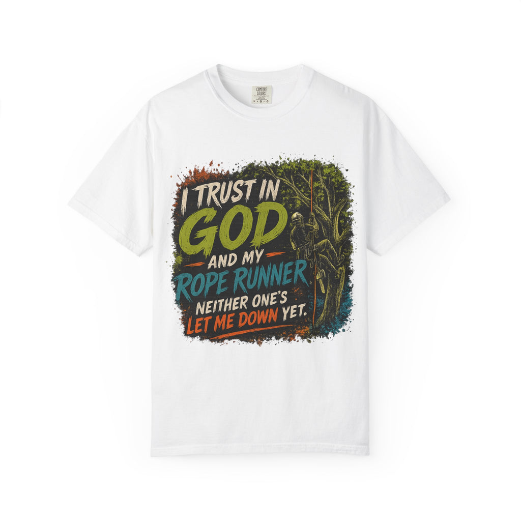 I Trust in God and My Rope Runner T-Shirt — Christian Climbing Faith Shirt