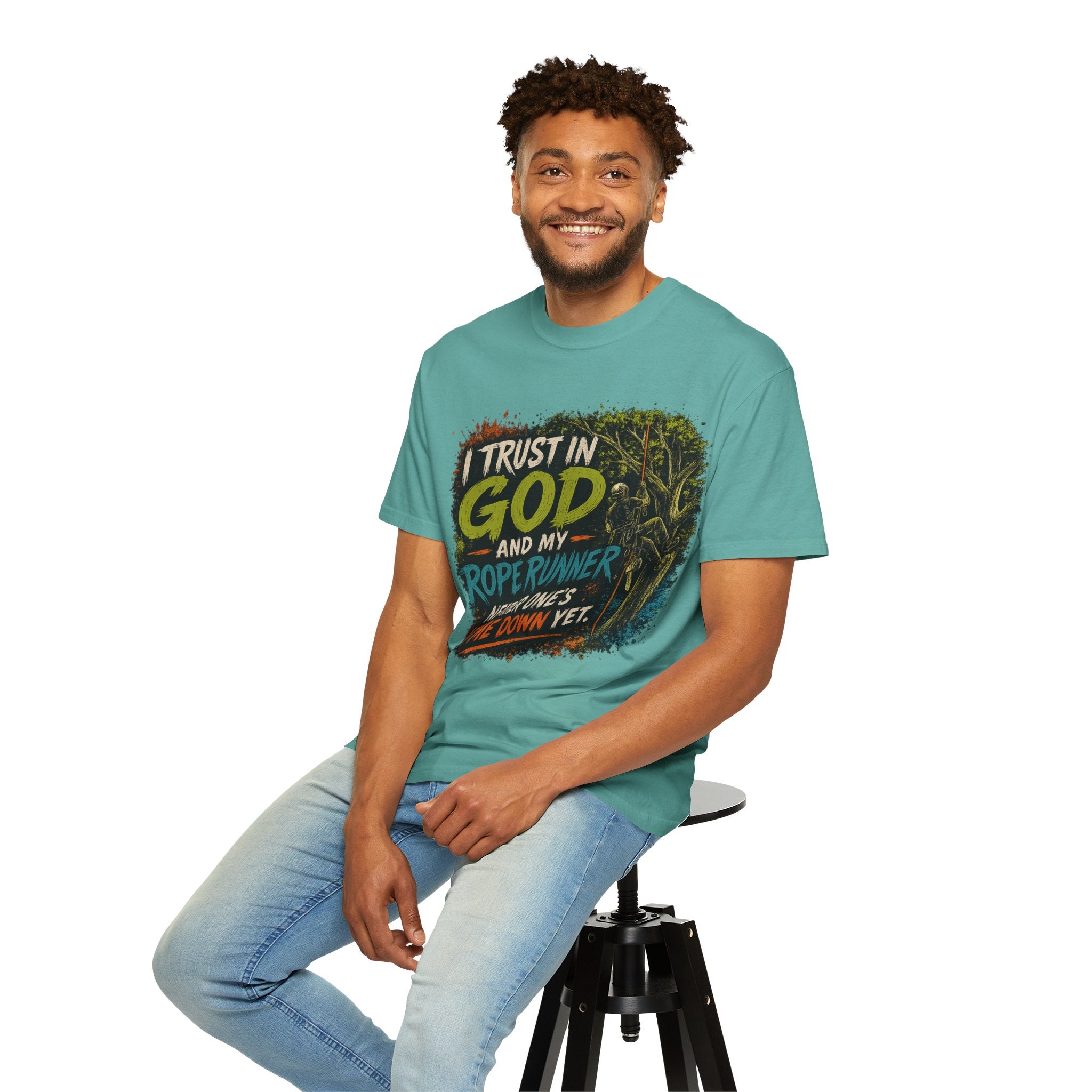 I Trust in God and My Rope Runner T-Shirt — Christian Climbing Faith Shirt