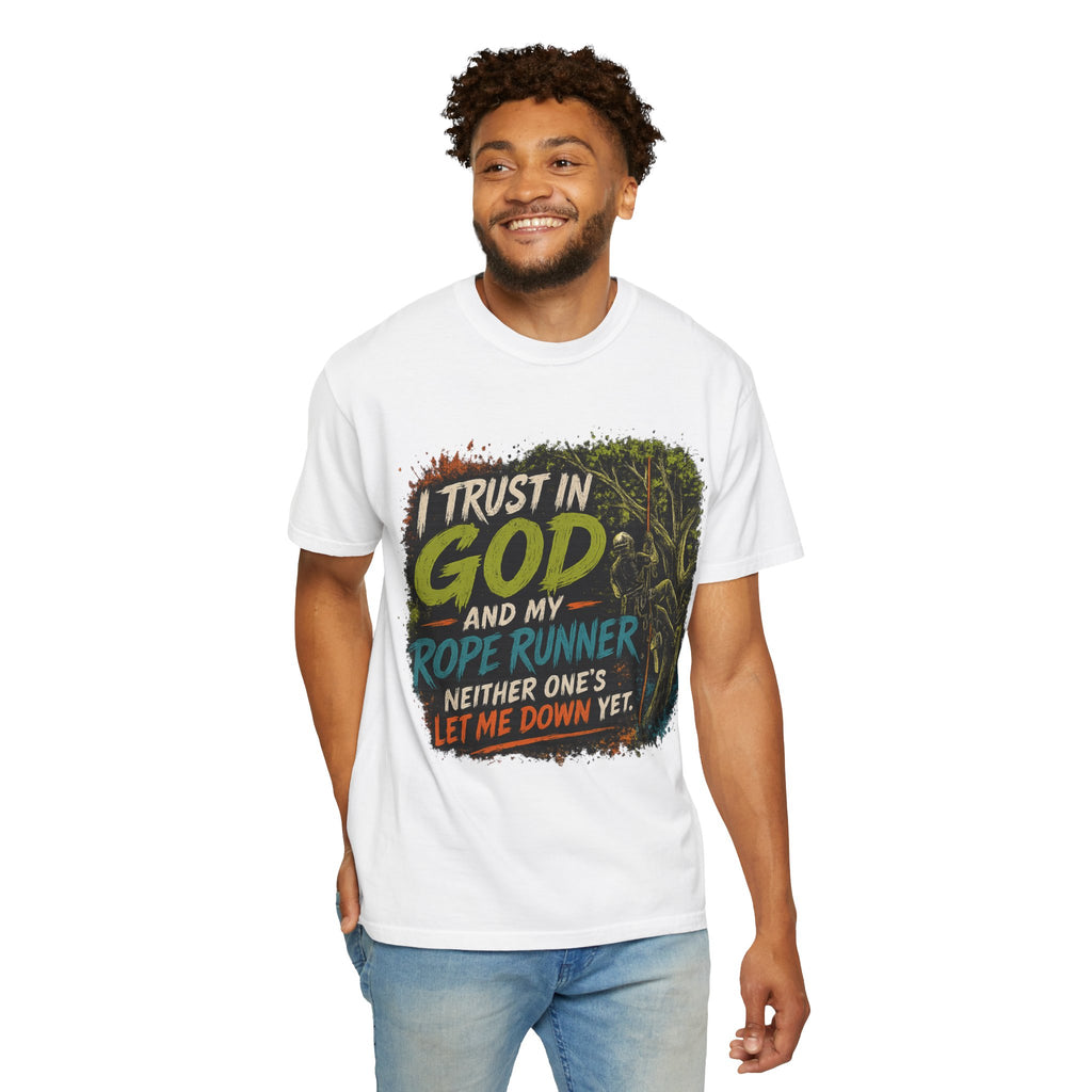 I Trust in God and My Rope Runner T-Shirt — Christian Climbing Faith Shirt