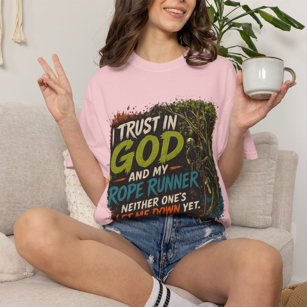I Trust in God and My Rope Runner T-Shirt — Christian Climbing Faith Shirt