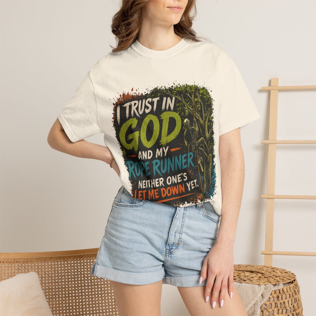 I Trust in God and My Rope Runner T-Shirt — Christian Climbing Faith Shirt