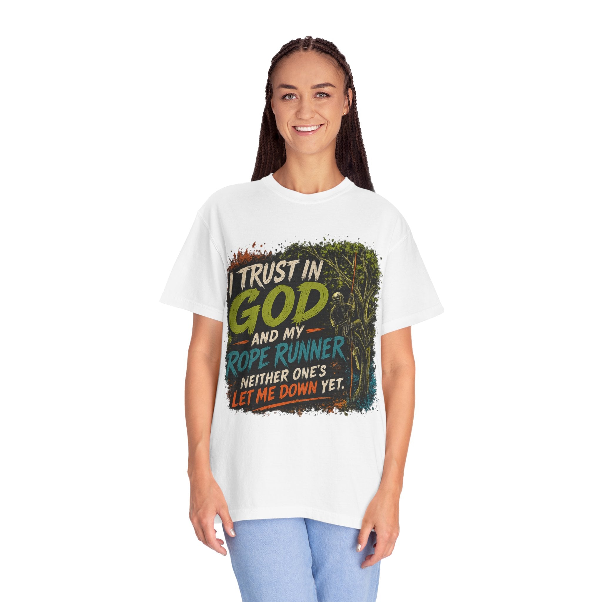 I Trust in God and My Rope Runner T-Shirt — Christian Climbing Faith Shirt