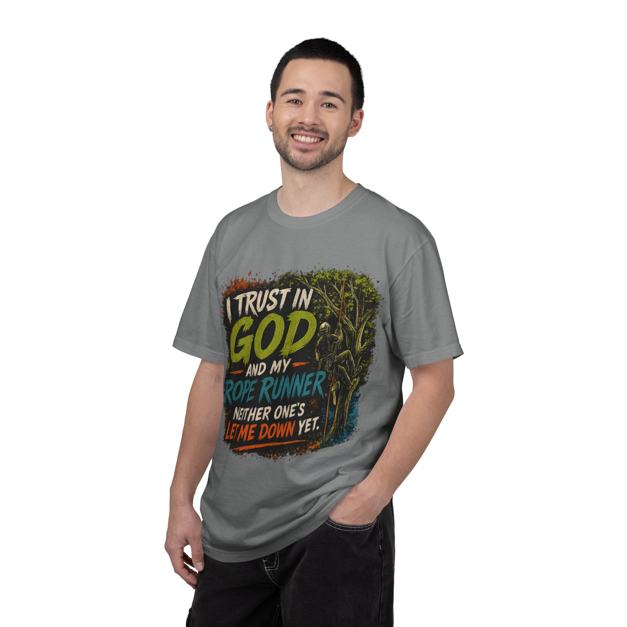 I Trust in God and My Rope Runner T-Shirt — Christian Climbing Faith Shirt